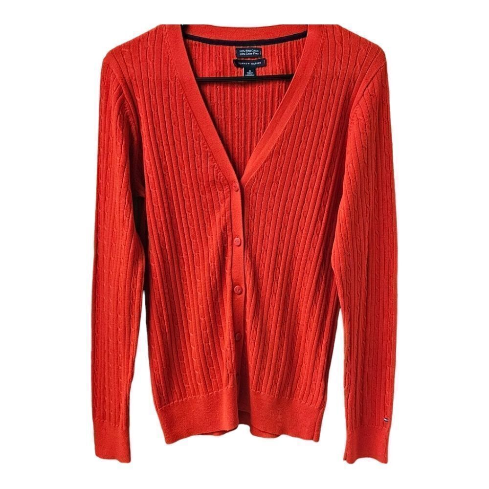TOMMY HILFIGER Red Long Sleeve V- Neck Button down Sweater.